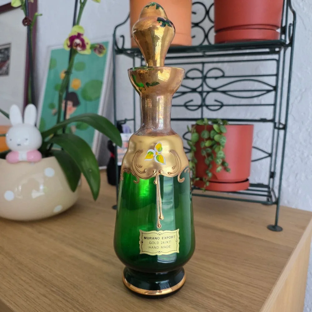 Murano Export Decanter Set Unisex OS Green 24KT Gold Hand Made Floral 5pc Set‎